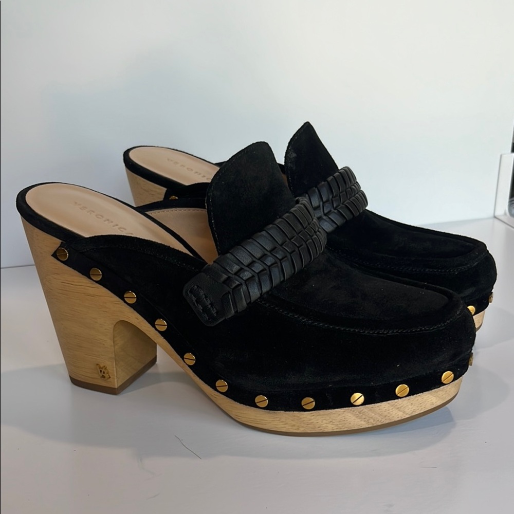 Veronica Beard Black Suede Mules with Braided Detail